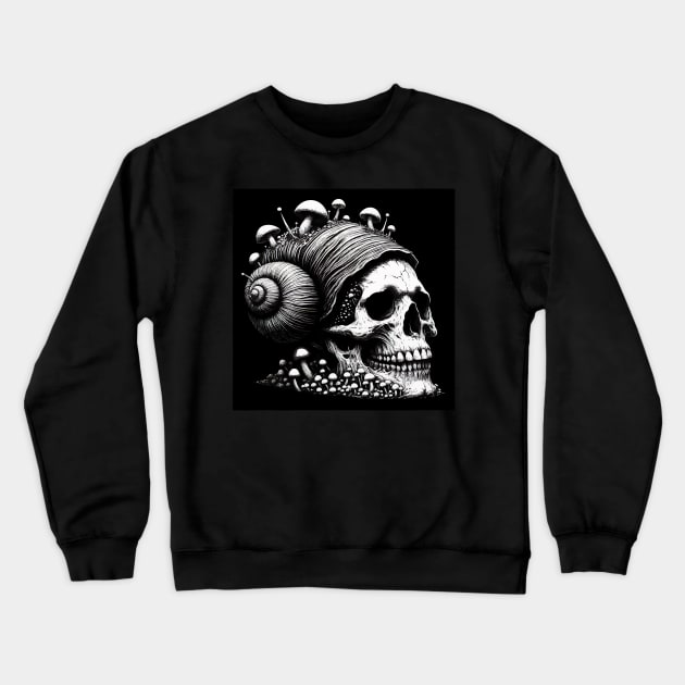 Monochromatic Skull Snail of Death Overgrown Mushrooms Crewneck Sweatshirt by TomFrontierArt